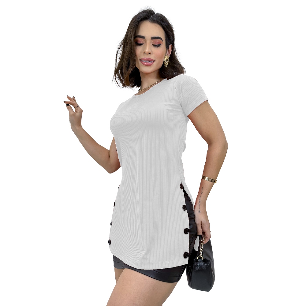 Blusa Feminina Manga Curta T Shirt Canelada Botões Veste Legging Elegante em Oferta na Shopee