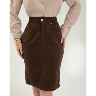 Saia Secretária Marrom Social com Detalhes Dourados - 7Pallas em Oferta na Shopee