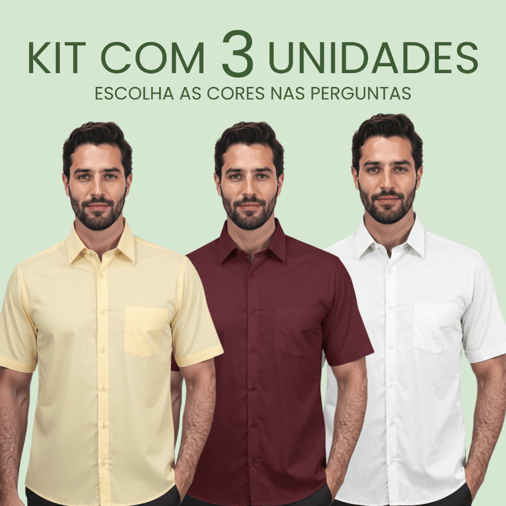 Kit 3 Camisa Social Masculina Manga Curta Forma Tradicional Não Amassa Kit Blusa Social Manga Curta  Masculina