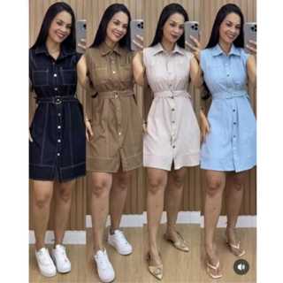 vestido midi detalhe botões con cinto em Oferta na Shopee