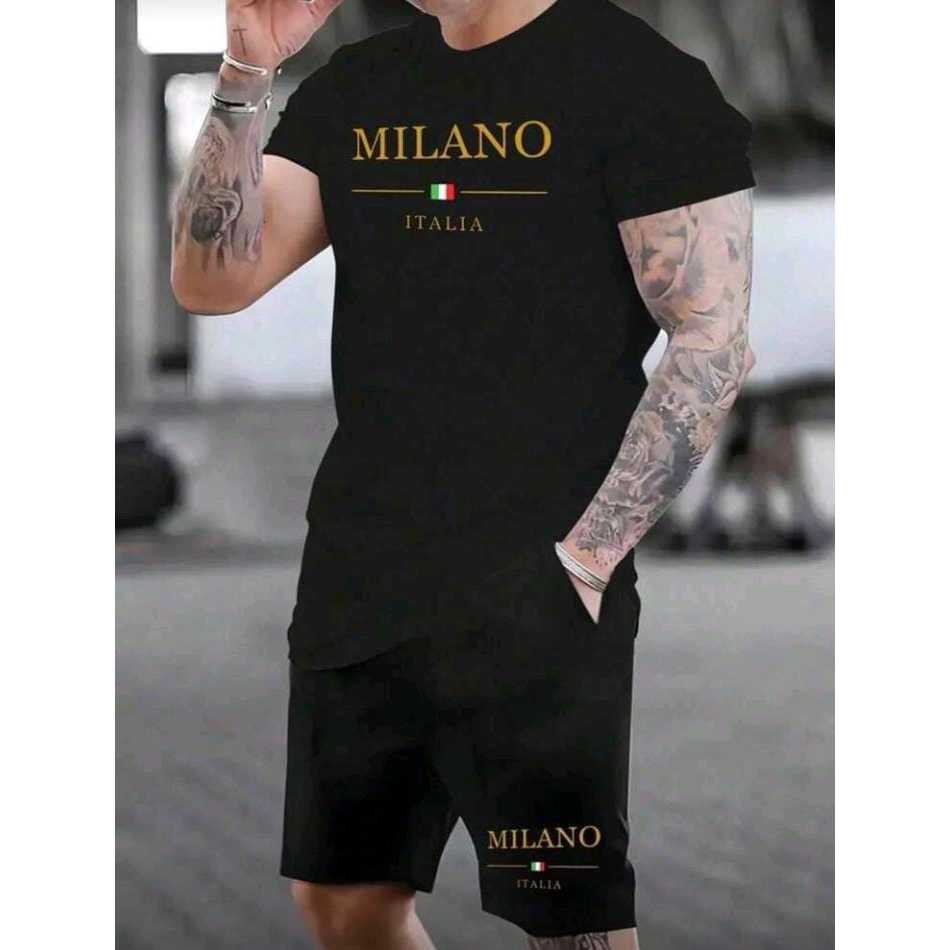 Camiseta Conjunto Italia Milano Dourado 100% Algodão Bermuda de Moletom Short com Bolso Masculina Academia Casual Treino