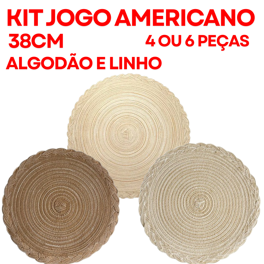 Kit 4 Ou 6 Peças Jogo Americano 38Cm Elegante Redondo Em Algodão E Linho Para Mesa Posta De Mesa