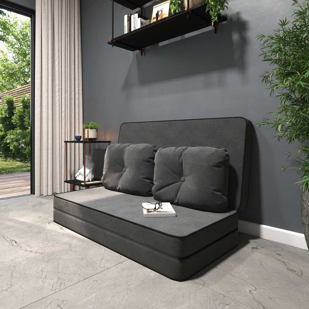 Puff Suede Cinza 3 em 1 Dobrável Moderno e Confortável - Vira cama poltrona assento duplo em Oferta na Shopee