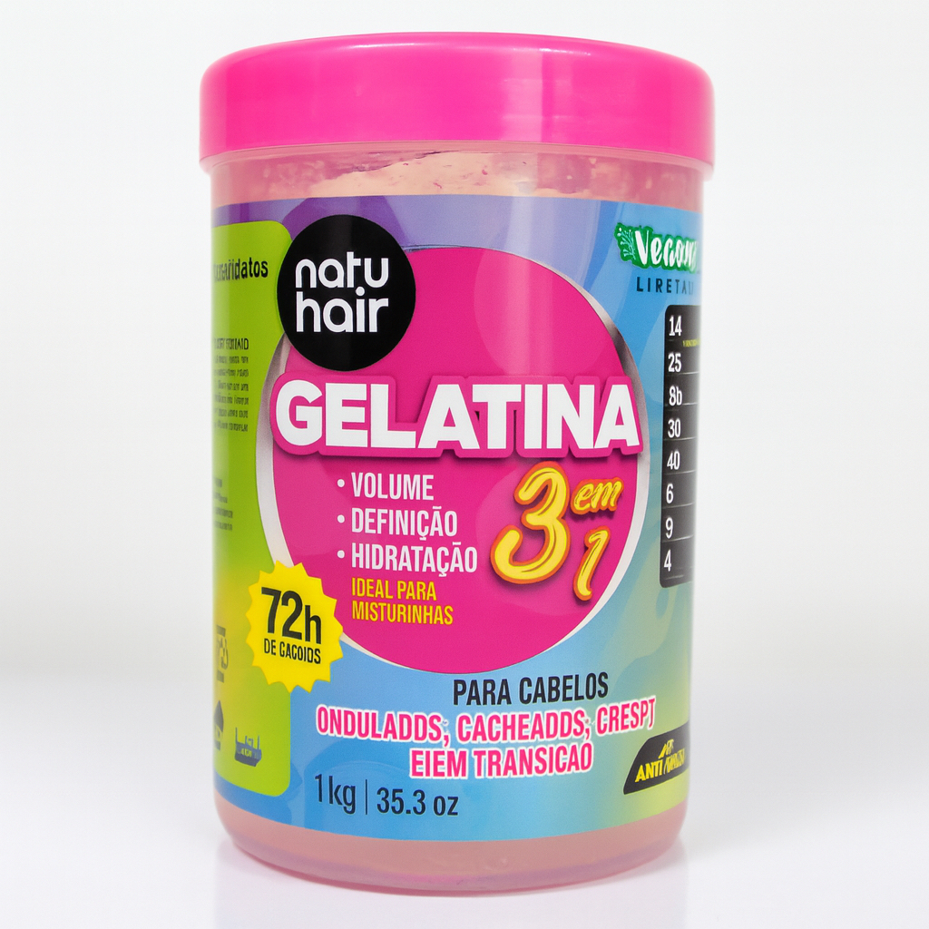 Gelatina Para Cabelo Cacheado 1KG S.O.S NATUHAIR 3 em 1 Super Definição Antifrizz Hidratação Brilho