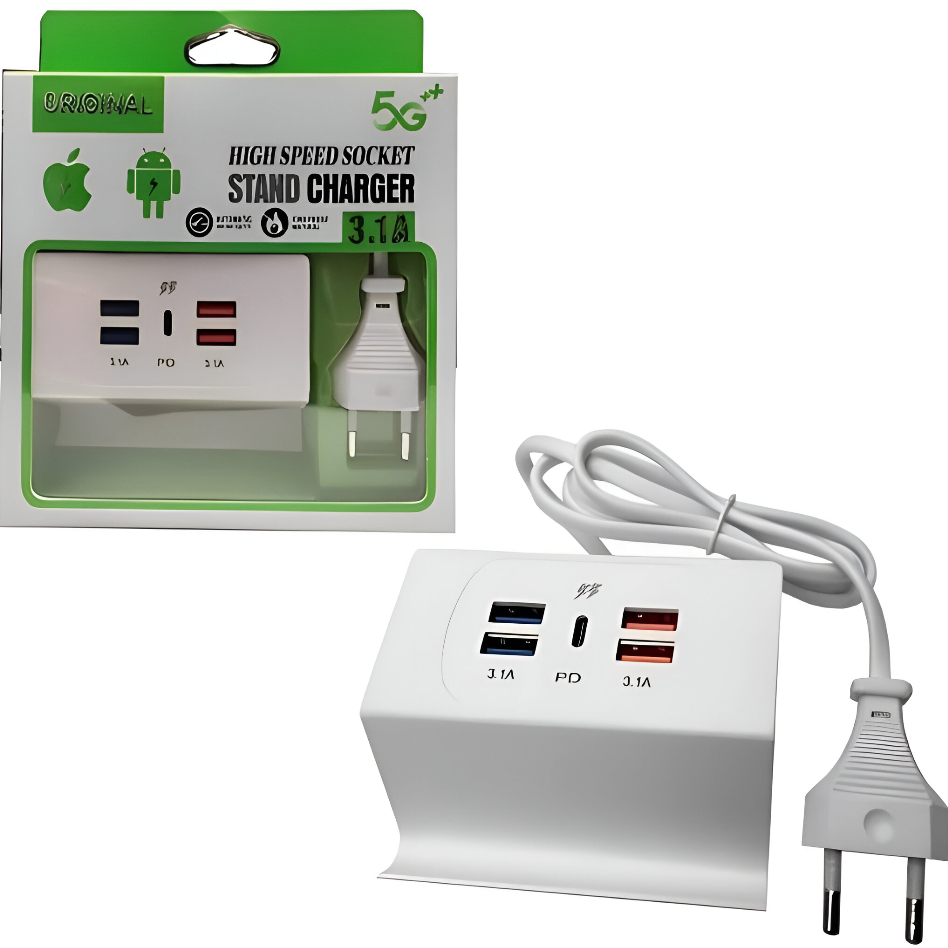 Carregador de Rack 5 Portas 4 USB 1 Tipo-C Suporte Carga Rápida 3.1A Prático Multifuncional Celular em Oferta na Shopee