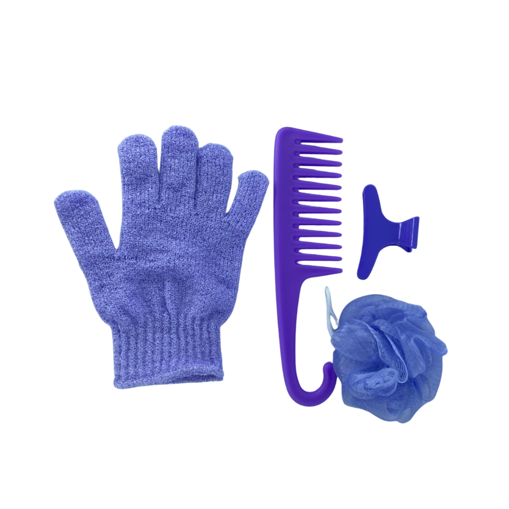Kit Banho e Cuidados Pessoais Lilás – 4 Peças (Pente, Esponja, Luva e Presilha)