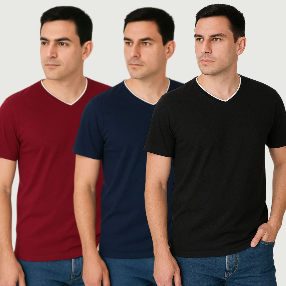 Kit 3 Camisetas Básica Masculina Gola V Lisa Algodão em Oferta na Shopee