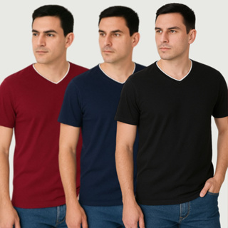 Kit 3 Camisetas Básica Masculina Gola V Lisa Algodão em Oferta na Shopee