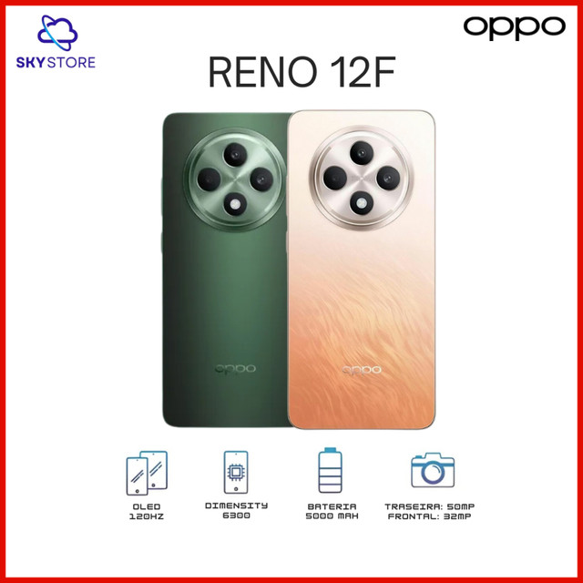 OPPO RENO 12F 5G, 256GB/12GB RAM, Câmera 50MP, Processador MediaTek Dimensity 6300, Versão Global