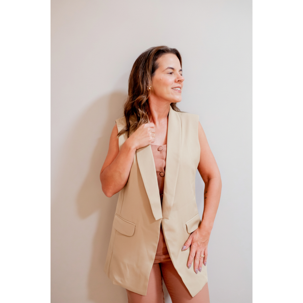 Colete Feminino Alfaiataria Social Alongado | Sem Botões | Blazer Sem Manga | Tecido Leve | Moderno