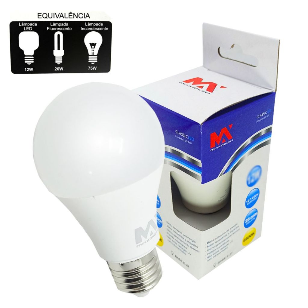 Lâmpada de LED Bulbo 12W Bivolt 127-220V Iluminação Forte Branco Frio