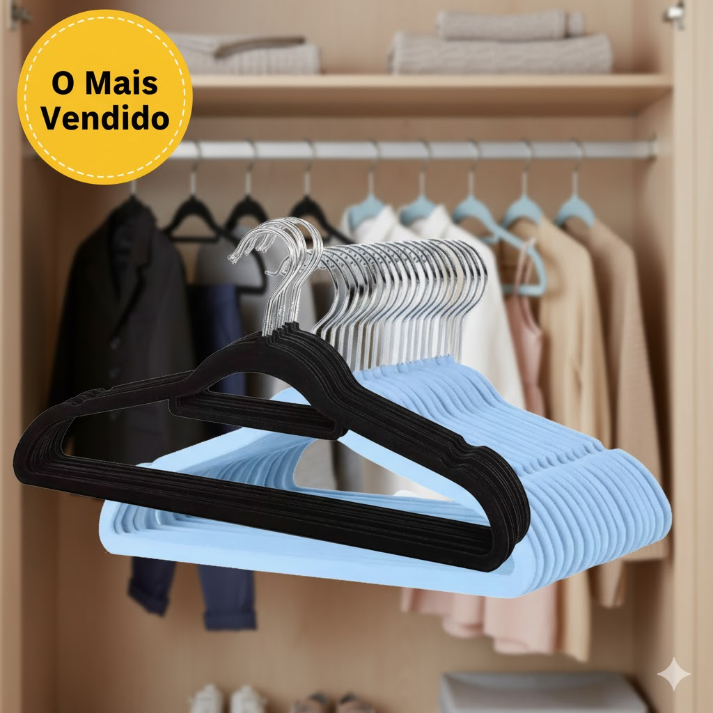 Kit 10 Unidades Cabide Infantil Veludo Azul ou Preto Aveludado Organização Closet