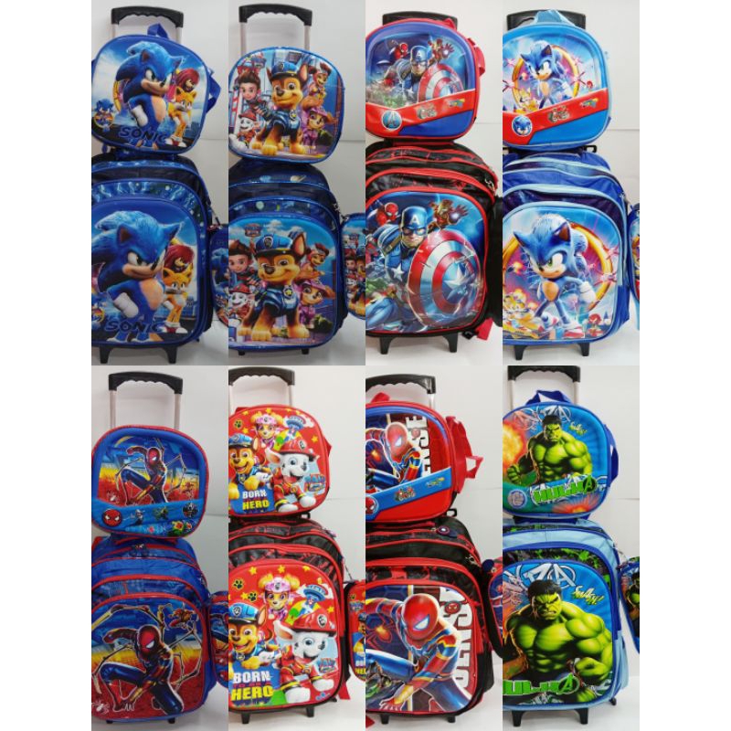 Kit Bolsa de Rodinhas/lancheira térmica e estojo  Batman,Homem Aranha, Sonic, Patrulha Canina, Capitão América,One Piece