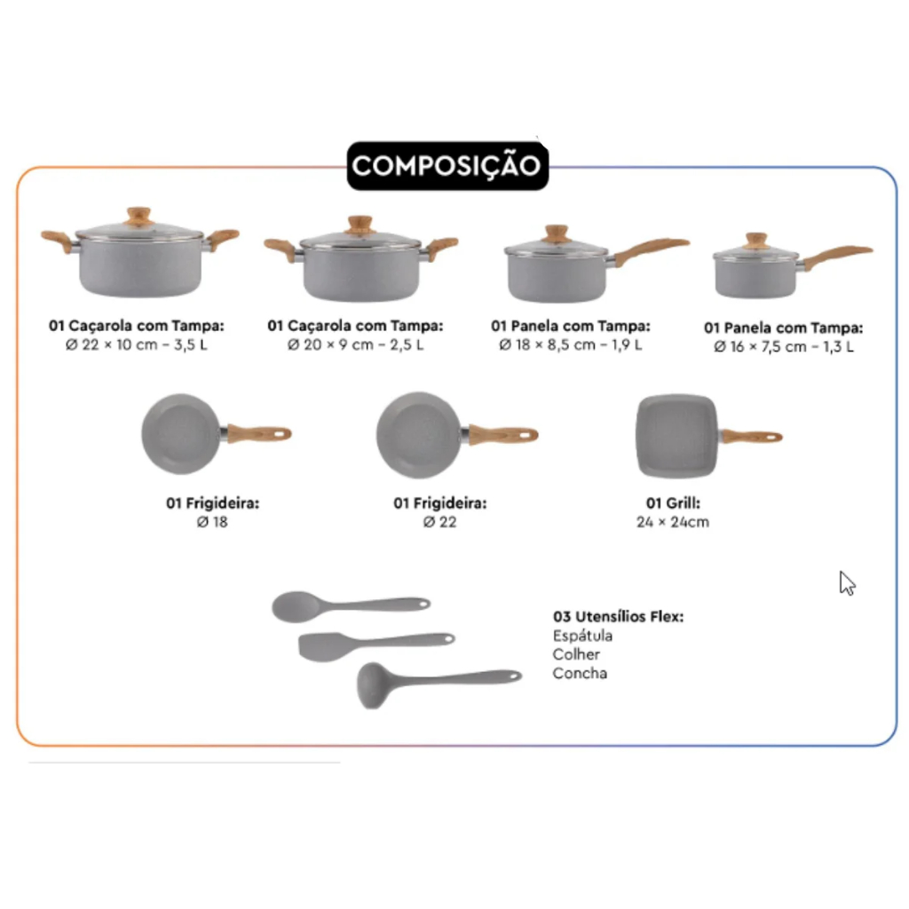 Detalhes do Conjunto de Panelas 10 Peças com Indução ou a Gás Ceramic Life Eays Cinza Gris Brinox