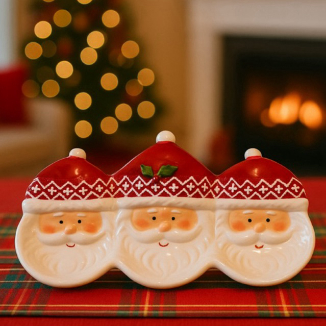 Travessa Natalina Papai Noel 30x13 cm – Cerâmica com 3 Divisórias Decorativa