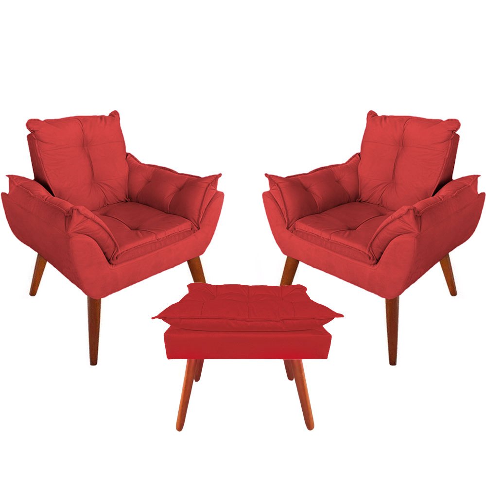 Kit 2 Poltronas Opala Confortável + Puff Suede Pés Palito Decoração Quarto, Sala e Recepção