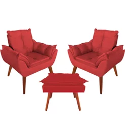 Kit 2 Poltronas Opala Confortável + Puff Suede Pés Palito Decoração Quarto, Sala e Recepção