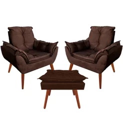 2 Poltronas Opala Decorativa + Puff Quadrado Decoração Para Sala de Espera e Recepção Escritório