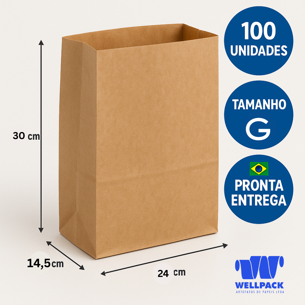 100 Saco Papel Kraft Embalagem para Delivery medida G pacote Lanches Comida Entrega Hamburgueria
