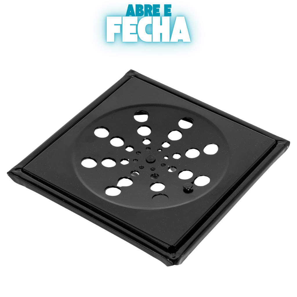 Ralo Grelha Black Preto 10X10 Quadrado Com Fecho Sistema Abre e Fecha Para Banheiro