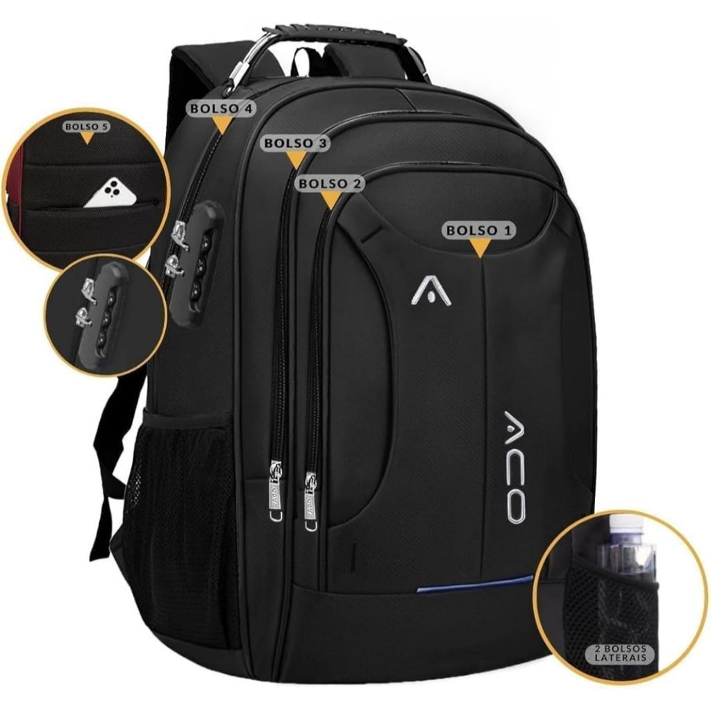 Mochila Notebook c/ Senha E Saida para USB/Fone de Ouvido Masculina/Feminina Unissex Impermeável ACO em Oferta na Shopee