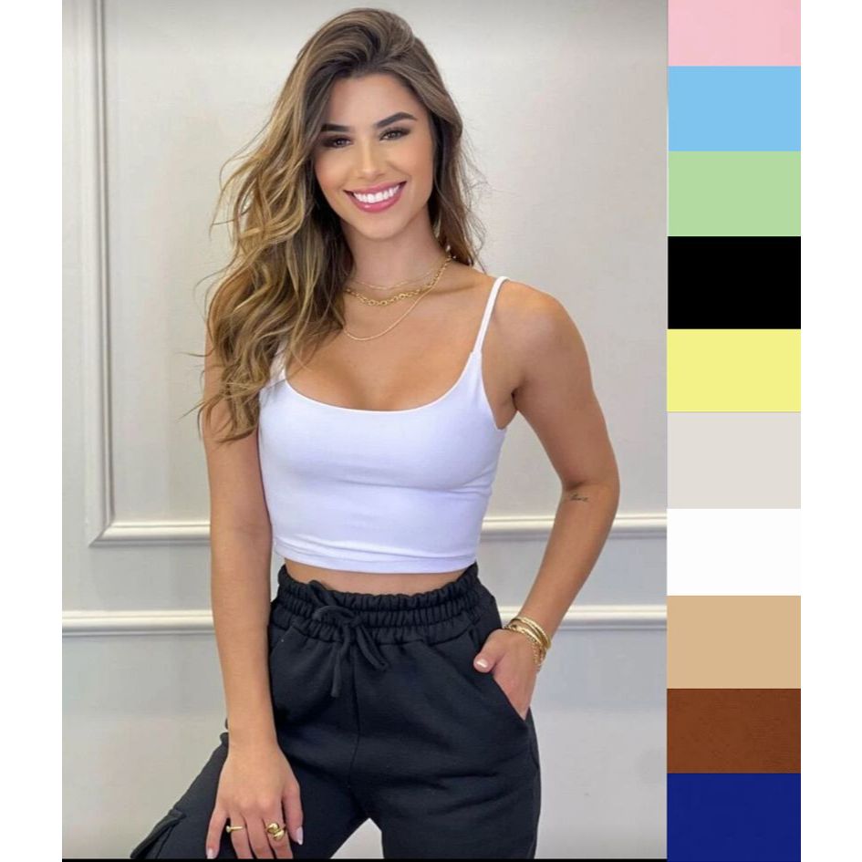 cropped feminino alça fina forrado blusinha Suplex Regata Feminina Básica Moda Blogueira