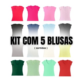 Blusa feminina basica algodao gola v manga curta sortidas em Oferta na Shopee