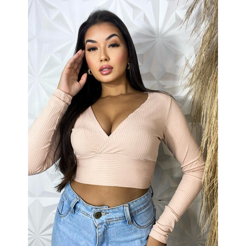 Cropped Feminino Manga Longa Decotado Decote V Tecido Casual Elegante Canelado