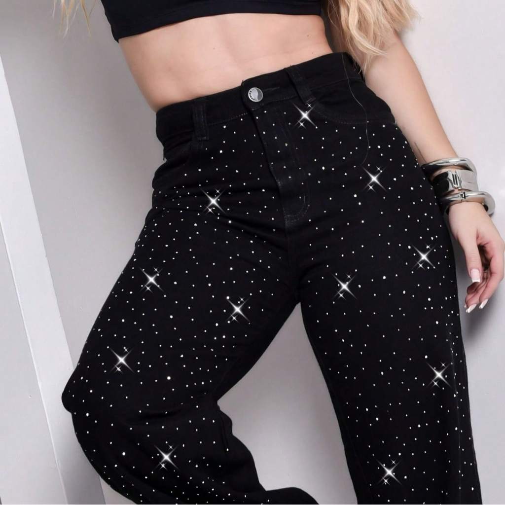 Calça Jeans Wide Leg Feminina Com Strass/Brilho Pantalona em Oferta na Shopee