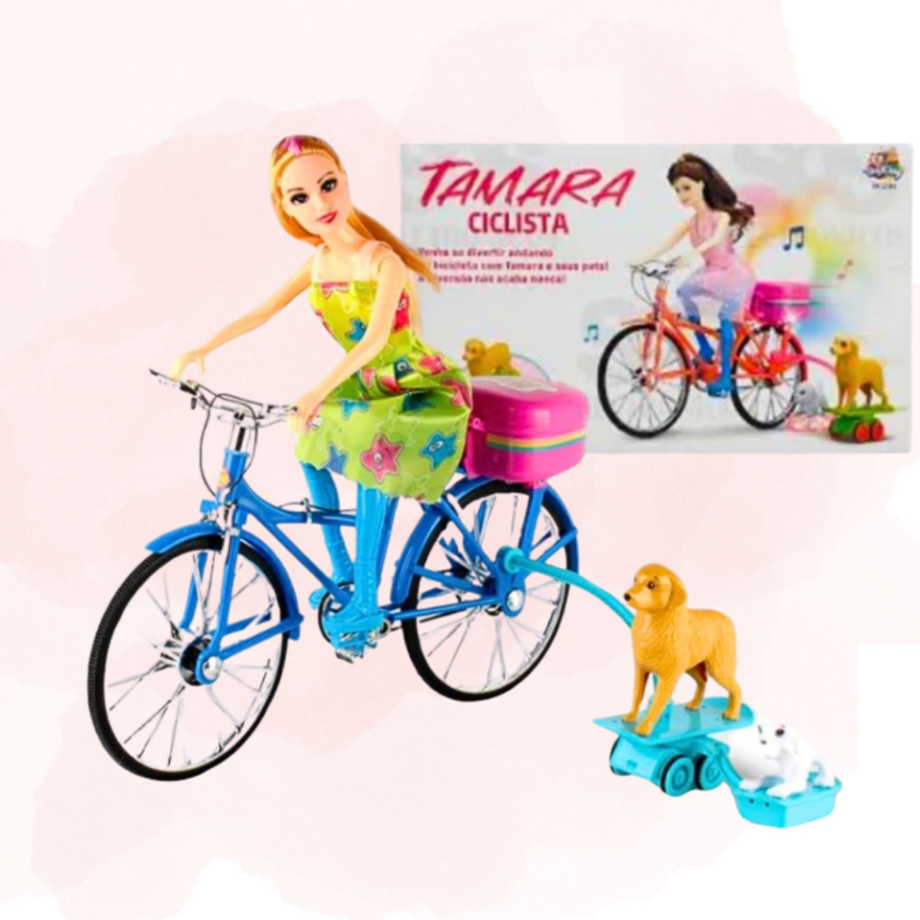 Boneca Ciclista Com Bicicleta E Cachorro Gira 360 Pedala Som Luz Infantil