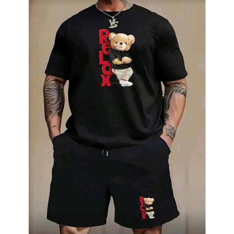 Camiseta Conjunto Urso Relax 100% Algodão Bermuda de Moletom Short com Bolso Masculina Academia Casual Treino
