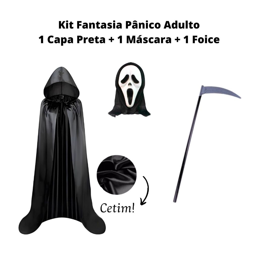 FANTASIA PÂNICO ADULTO - CAPA CETIM PRETA + MÁSCARA + FOICE — imagem 2 de 2