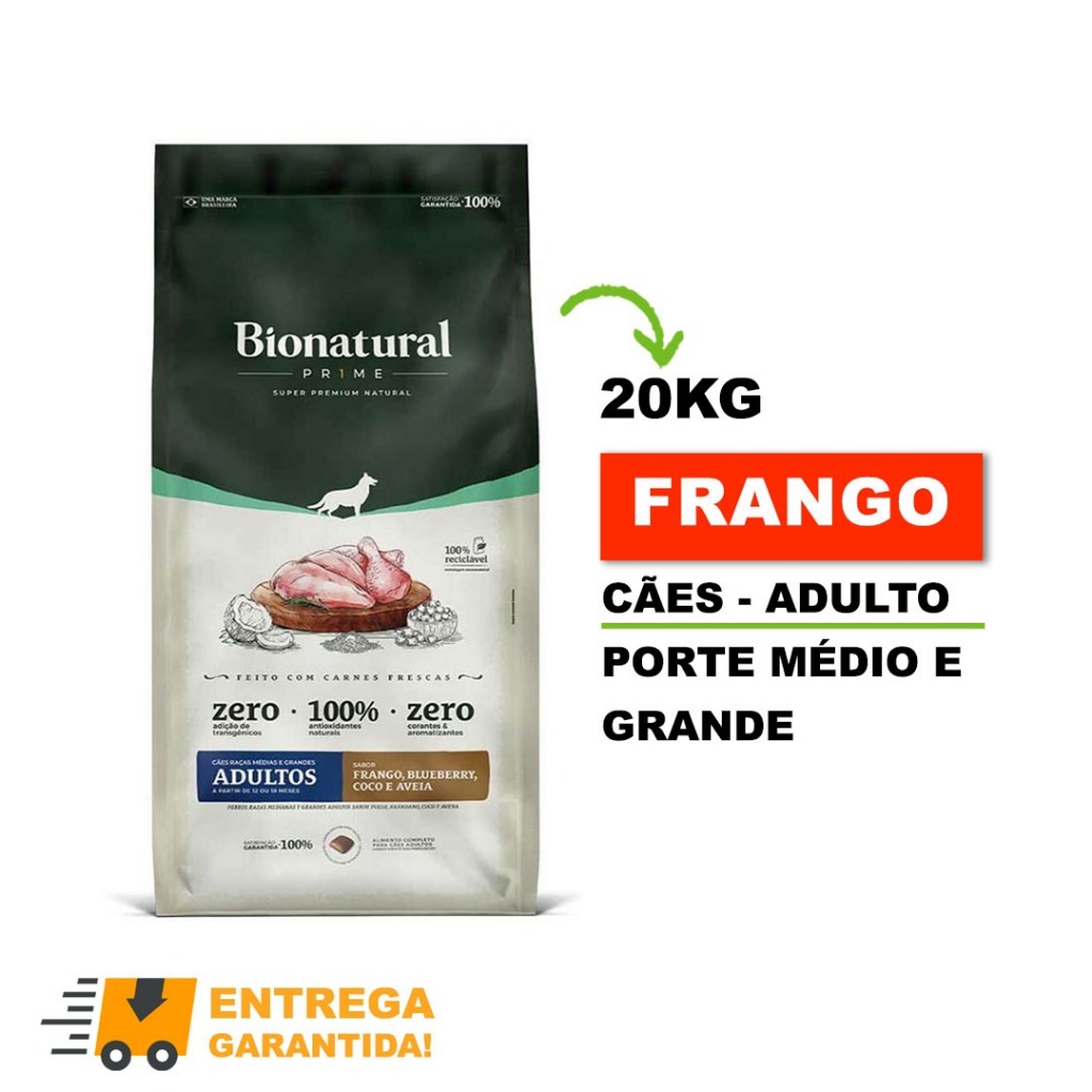 Ração Bionatural Prime Cães Adulto Raças Médias e Grandes E Gigantes Frango 20kg-Envio Rápido em Oferta na Shopee