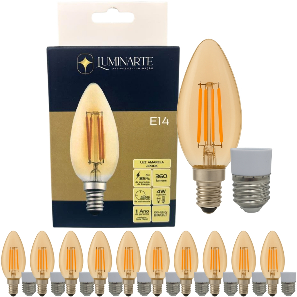 Kit 10 Lâmpadas Vela C35 LED 4W 2200K Filamento Retrô Âmbar Bivolt E27 LUZ AMARELA Luminarte em Oferta na Shopee