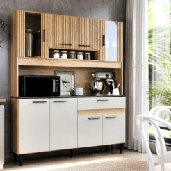 Armário de Cozinha Completa Com Balcão de 8 Portas e Gaveta Compacta Com Detalhe em Vidro na Porta Coral Grande