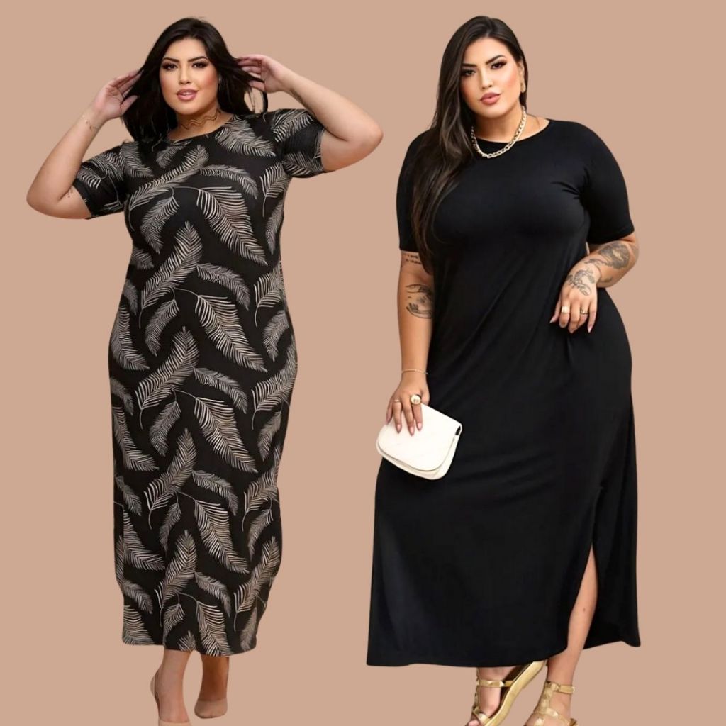 Detalhes do Kit 2 Vestidos Longos Evangélico Plus Size Curve Veste Até 60 Moda vestido evangélico curvy sise