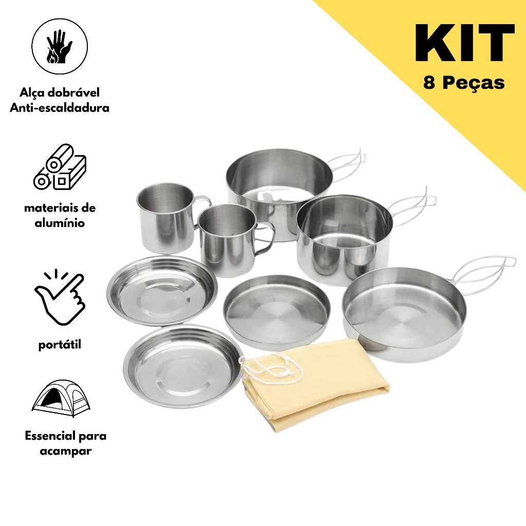 Kit 8 Panelas Aço Inox Compactas para Camping Trekking Panelas Pescaria Completo Portátil