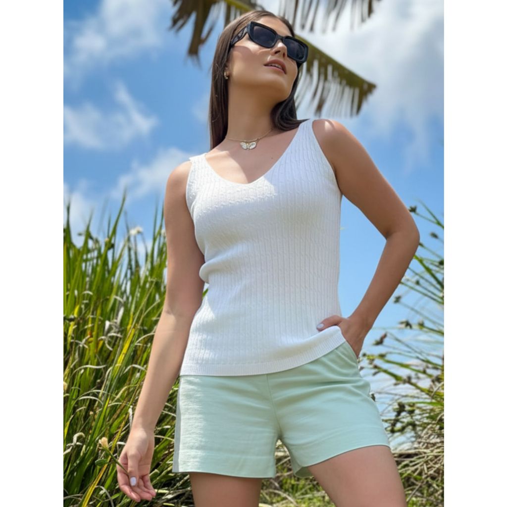 Blusa Regata Tricô Tricot Modal Canelada Decote em V Básica Elegante Casual Moda Verão