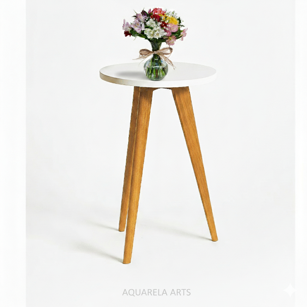 Mesa Lateral Redonda (Tampo Branco e Pés Palito Madeira) 50cm x 30cm –  Escandinavo – Aquarela Artes