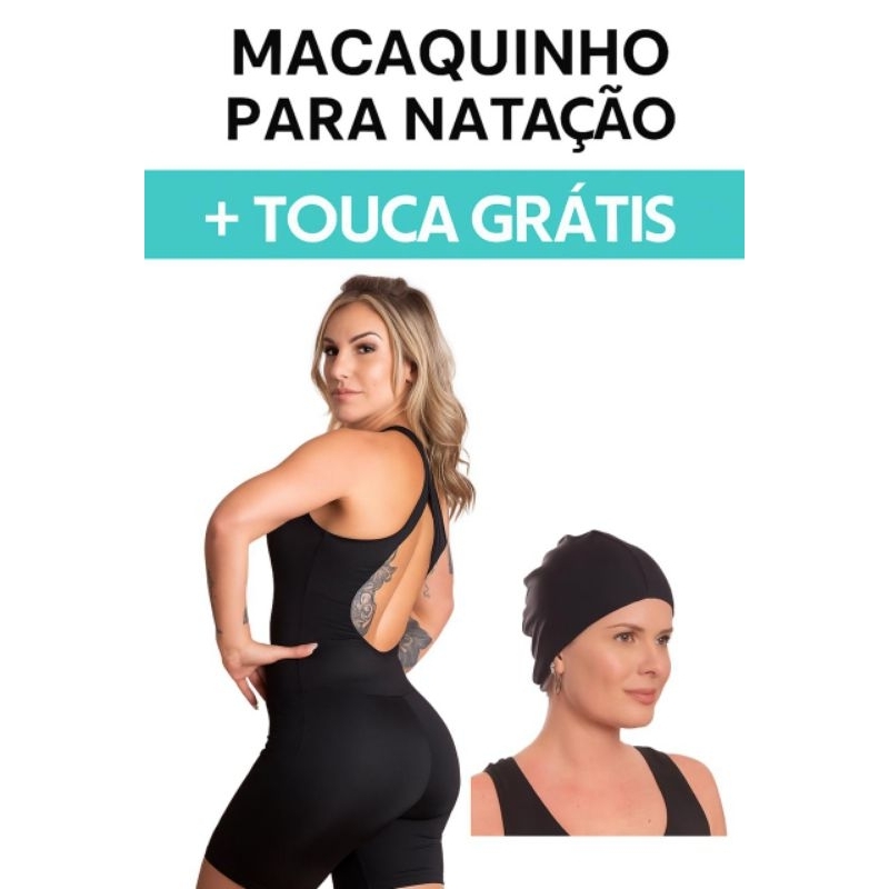 Kit Maiô Macaquinho de Natação e Hidroginástica + Touca Suplex Preto Envio Rápido