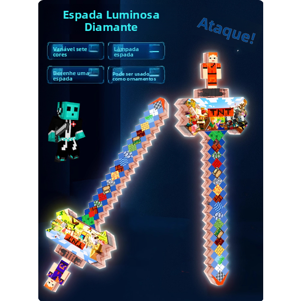 Espada COM BONECO De Brinquedo Com Som E Luz Diamante Ninja De Blocos minecraft