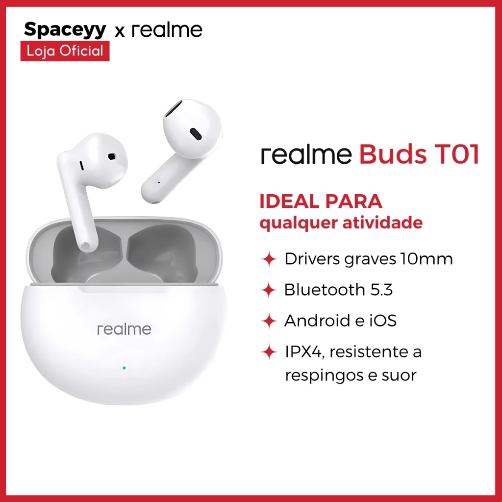 Fone de Ouvido Realme T01 Sem Fio Bluetooth TWS 5.3 Original AI ENC IPX4 28h de Bateria Microfone HD