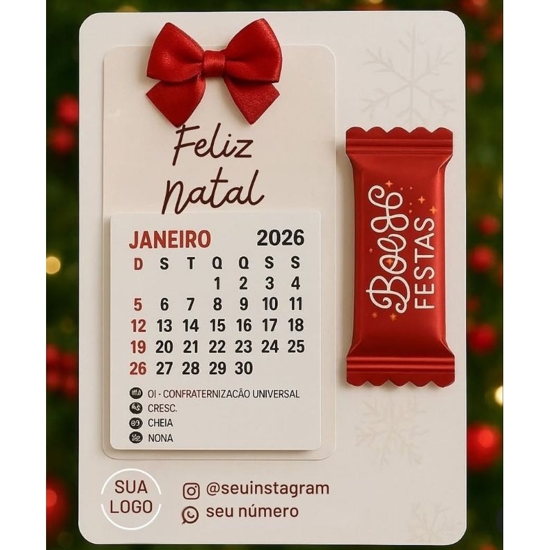 🎁 Calendário 2026 com tema Natalino + Balinha Personalizada – lembrancinha encantadora!