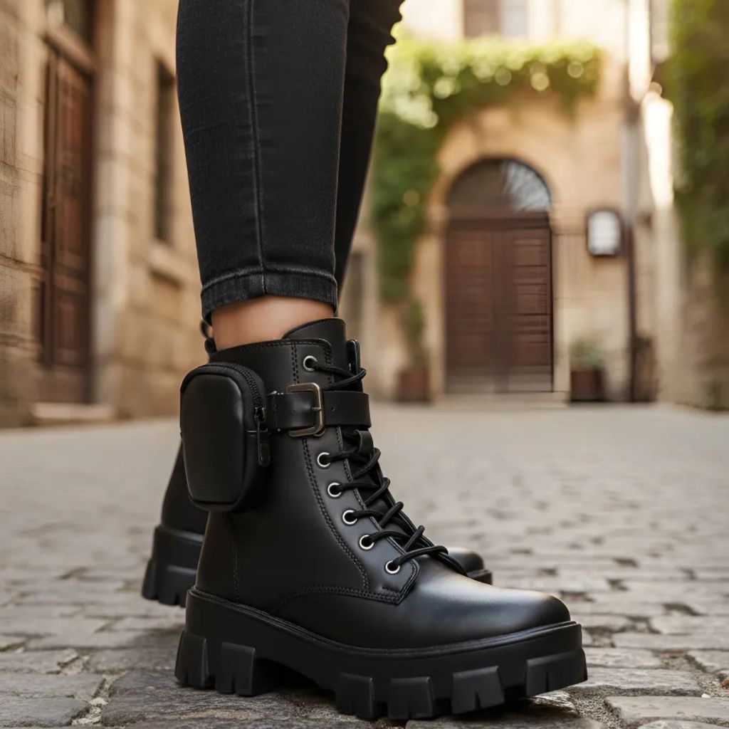 Coturno Feminino Bota Feminina Solado Tratorado Estilo Militar Com Bag Bolsinha Removivel