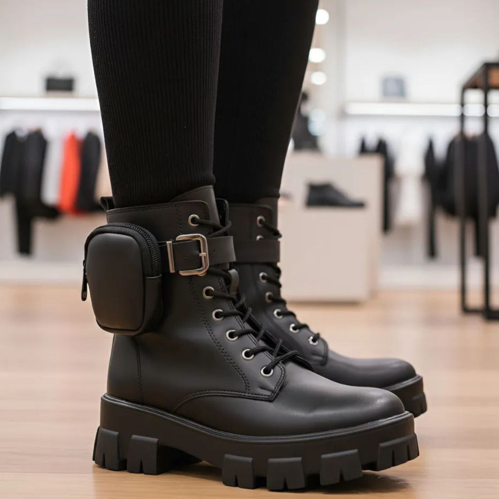 Bota Coturno Tratorado Feminino Cano Medio Preto Com Bolsinha Bag Removivel