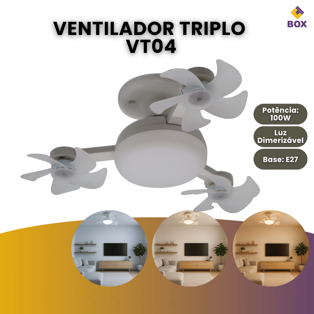 Ventilador De Teto Triplo Silencioso 3 Cores De Luz Com Lâmpada Led Vt04