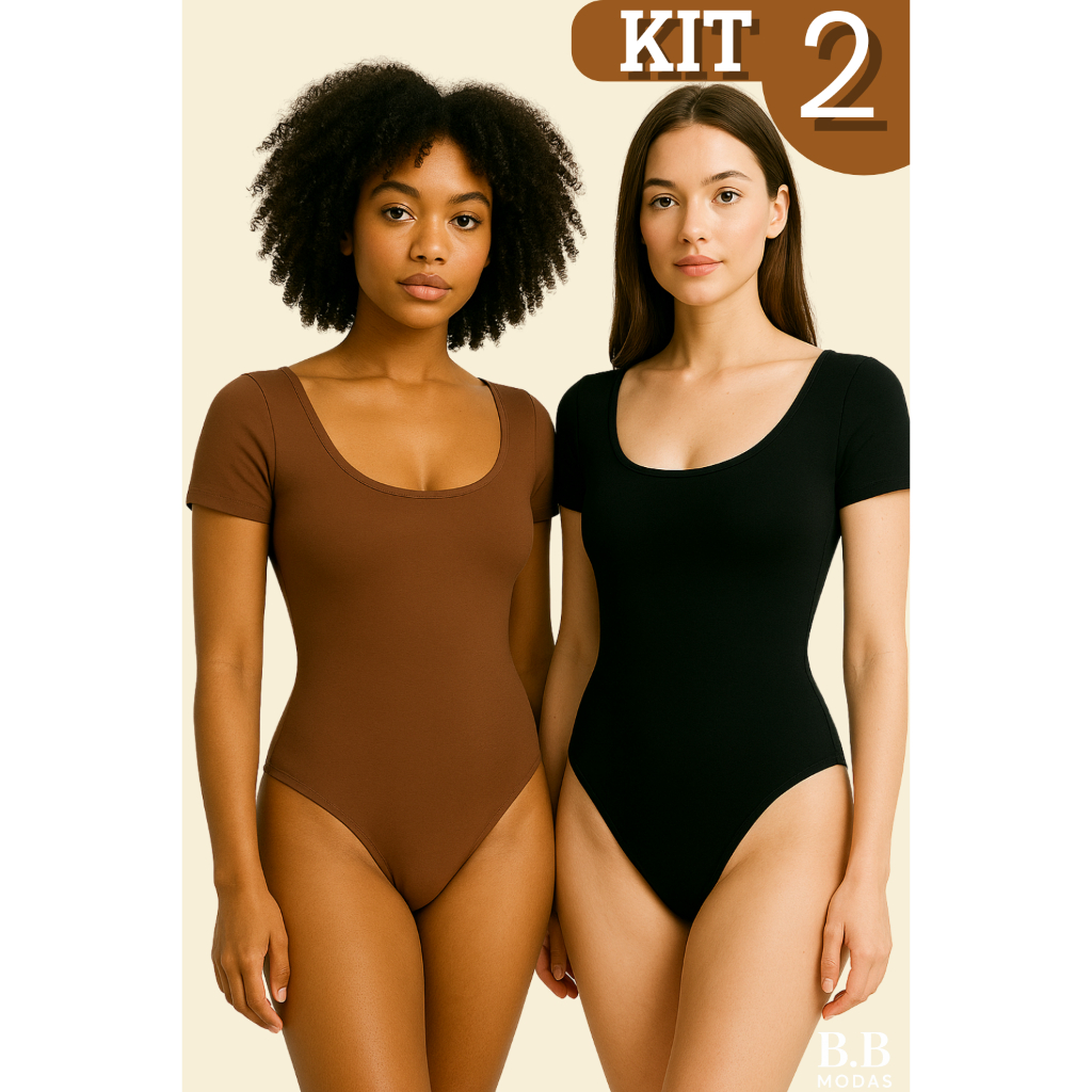 Kit 2 Body Feminino Manga Curta Plus Size com Decote Quadrado em Suplex