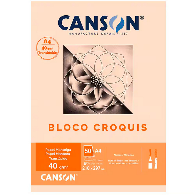 Bloco papel manteiga croquis A4 40g Canson Bloco 50 Folhas