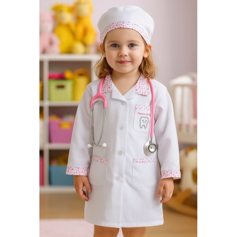 Jaleco infantil com touca,  mascara e opcional estetoscopio. em Oferta na Shopee