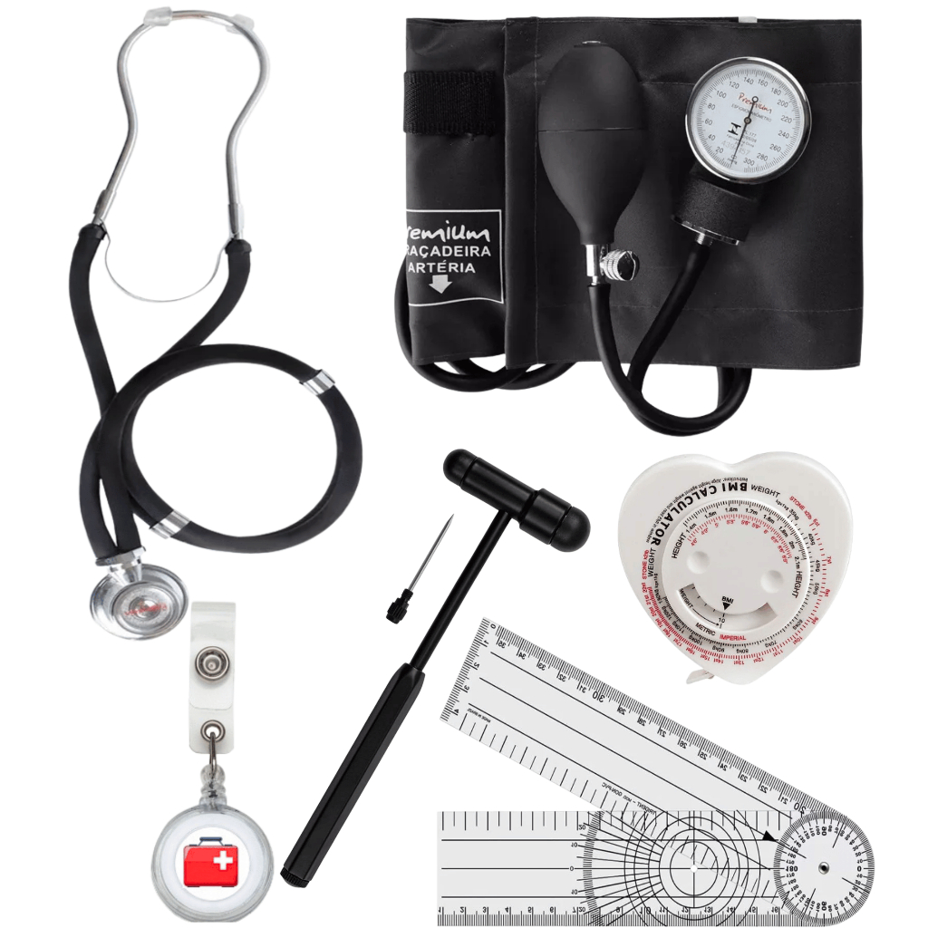 Kit Fisioterapia  para  Estágio Com Martelo Buck Goniômetro Estetoscópio e Esfigmomanometro